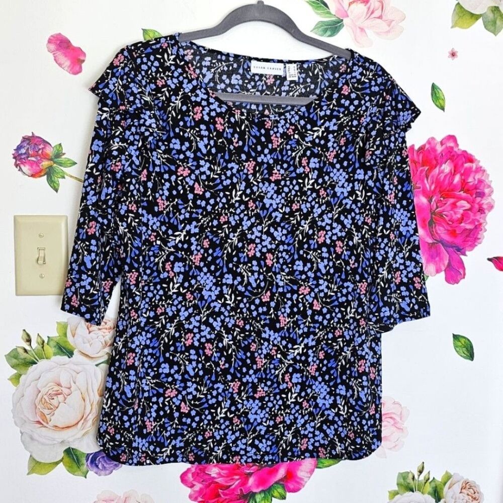 Susan Graver Comfort Stretch Knit Ruffle Sz M Floral Print Pullover Top Blouse - Picture 3 of 8